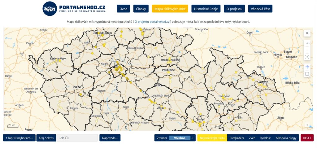 Mapa rizikových míst na Portálu nehod