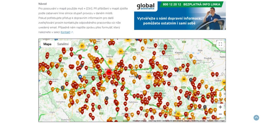 Mapa s aktuálními dopravními informacemi na webovém portálu Global Assistance