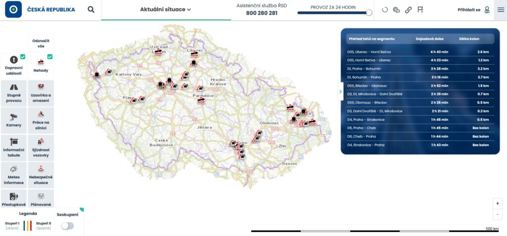 Mapa s aktuálními informacemi o autonehodách v Jednotném systému dopravních informací pro ČR