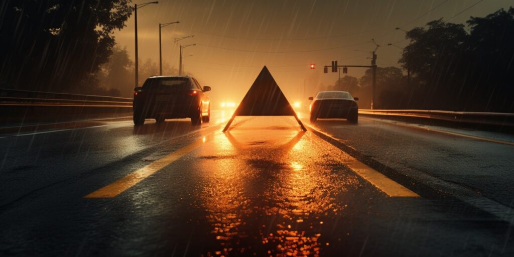 Silnice v dešti s výstražným trojúhelníkem a konturami dvou stojících vozidel