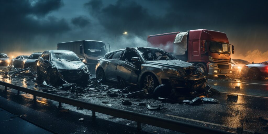 Řetězová nehoda na dálnici s poškozenými vozidly