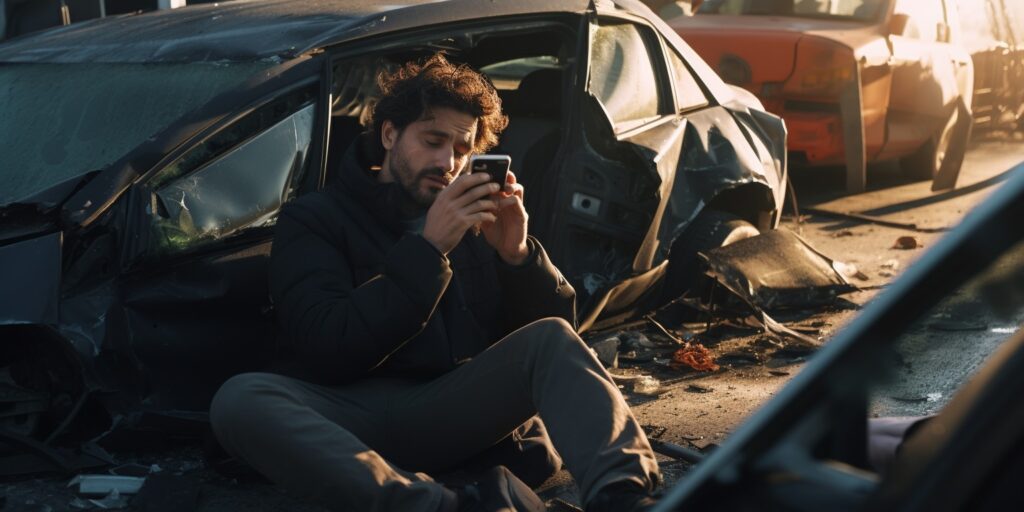 Snímek z místa nehody zachycující nepozorného řidiče, který drží v ruce mobilní telefon, zatímco jeho vozidlo je poškozené