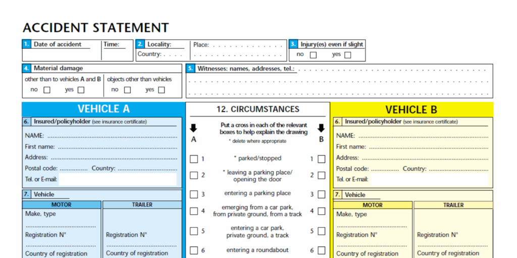 Sample form for recording a traffic accident