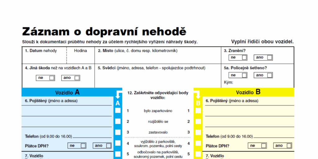 Vzorový formulář pro zaznamenání dopravní nehody